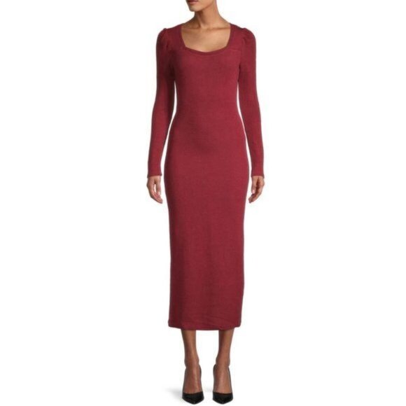 WALTER BAKER Orla Puff-Shoulder Rib-Knit Midi Dress - L - Picture 1 of 8